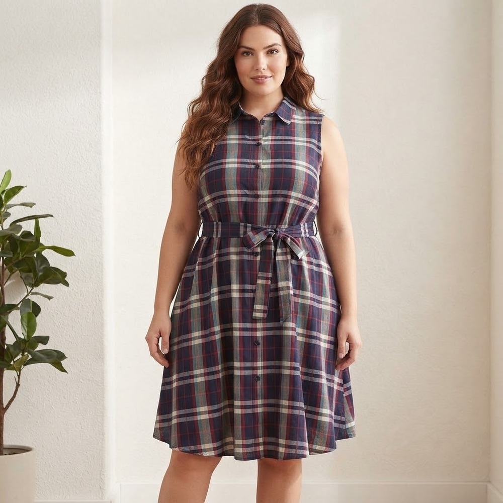 Torrid Plaid Sleeveless Shirt Dress Size 2 Navy Blue Red Collared Button Up Belt